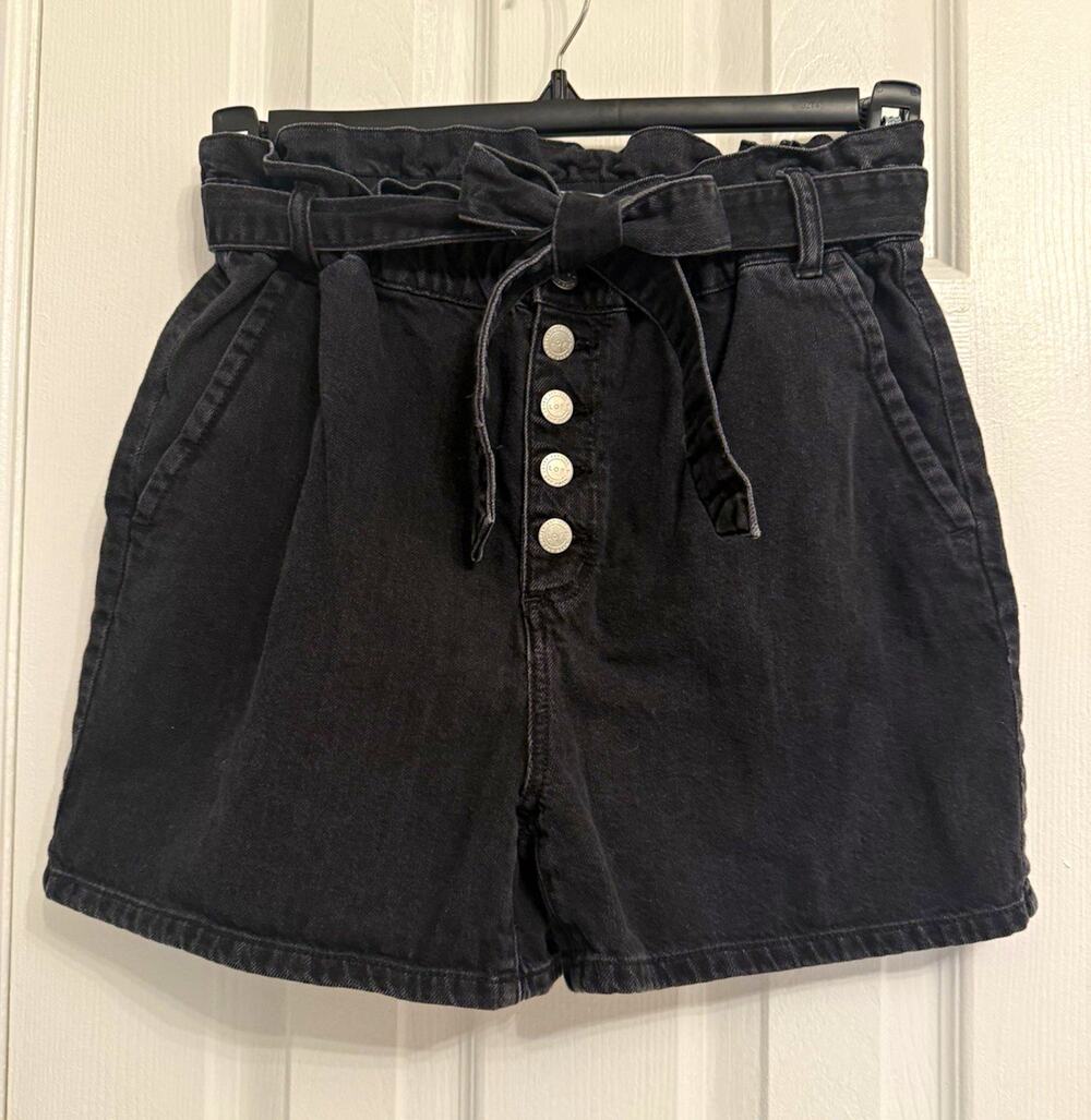 LOFT Women's Black Denim Paperbag High Rise Button Front Belted Shorts S